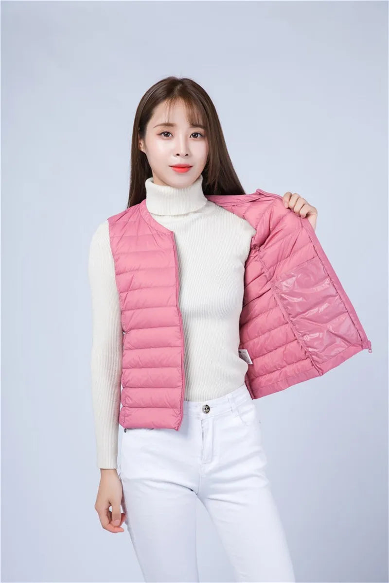 Autumn Winter Women Ultra Light Thin Duck Down Vest Sleeveless O-Neck Zipper Waistcoat Windproof Puffer Female Quilted Jackets