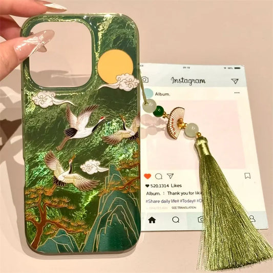 Vortex pattern high mountain auspicious cloud crane phone case with ancient fan tassel for iPhone 11 12 13 14 15 16 17 pro max