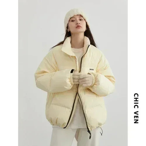 CHIC VEN Women Down Coats Streetwear Solid 90 White Duck Down Stand Collar Female Down Jacket Warm Ladies Overcoat Winter 2024