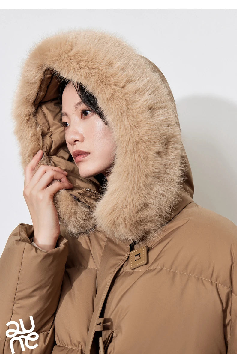TOYOUTH Women Down Jacket 2024 Winter New 90% White Duck Down Fur Collar Hooded Warm Jacket Coat