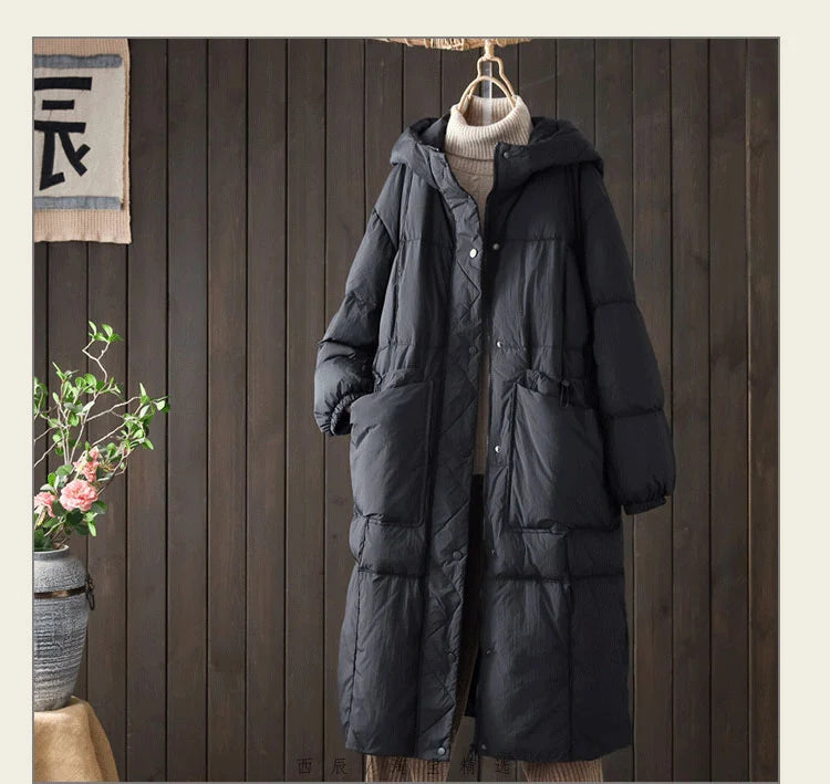 Schinteon Women White Duck Down Long Jacket Casual Loose Autumn Winter Outwear with Hood Warm Coat Big Pockets 2024 Korean Style