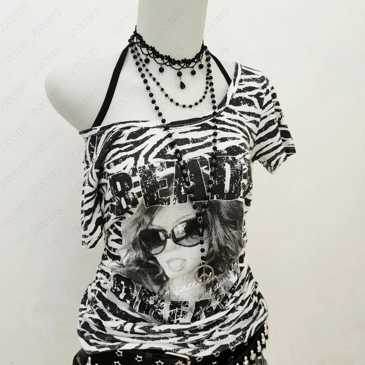 Gothic Grunge T Shirt Women Clothing Y2k Kpop Stripe Streetwear Halter Casual Harajuku Tops Punk Vintage Hip hop Emo Crop Top