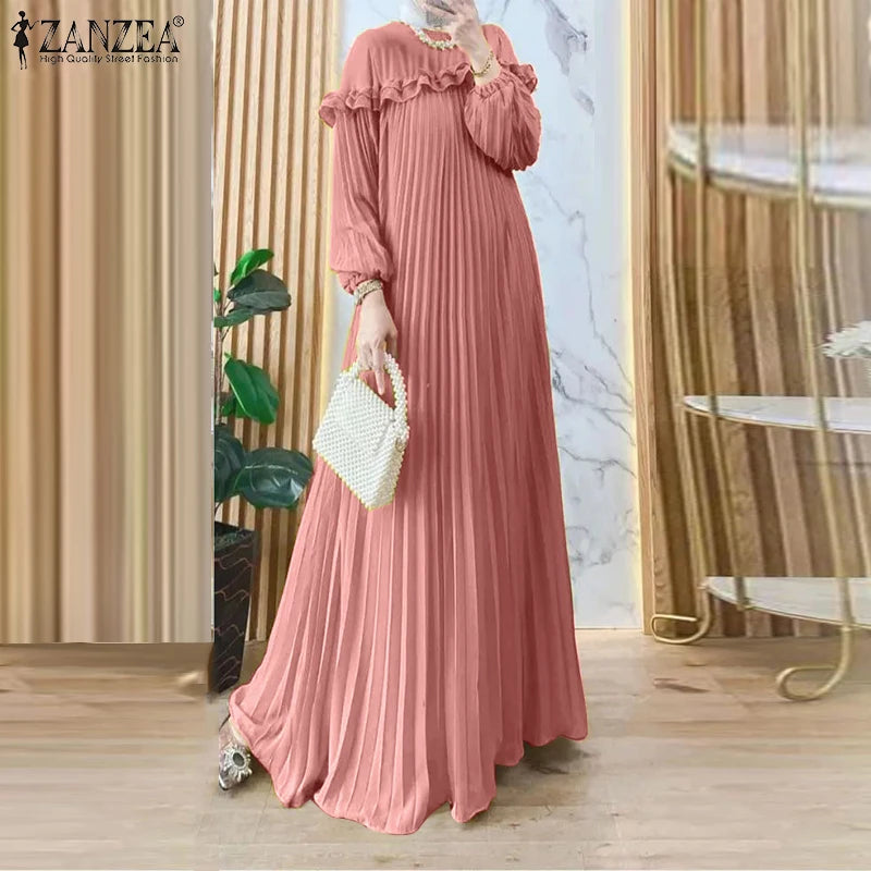 Elegant Autumn Maxi Dresses 2025 ZANZEA Women Fashion Long Sleeve Pleated Party Sundress IsIamic Robe Muslim Abaya Hijab Dress