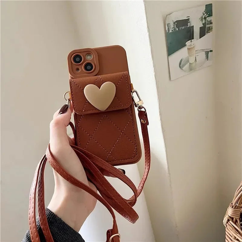 Cute Crossbody Lanyard Case For Xiaomi Redmi Note 14 Pro Plus 13 12 14C 13C Mi 14T X7 Strap Card Slots Phone 3D Love Heart Cover