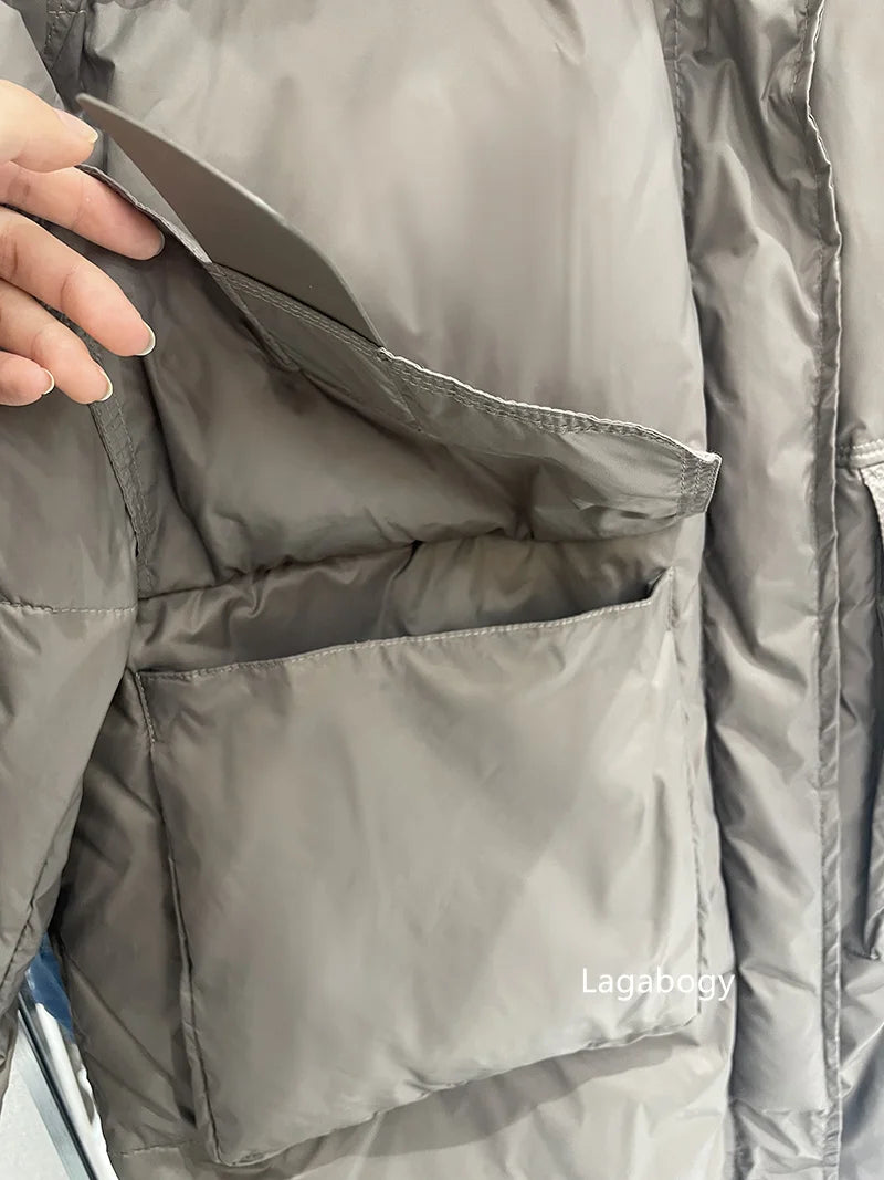 Lagabogy 2025 New Winter Women Puffer Jacket Female White Duck Down Coat Large Version of Warm Hooded Loose Thickened Long Parka