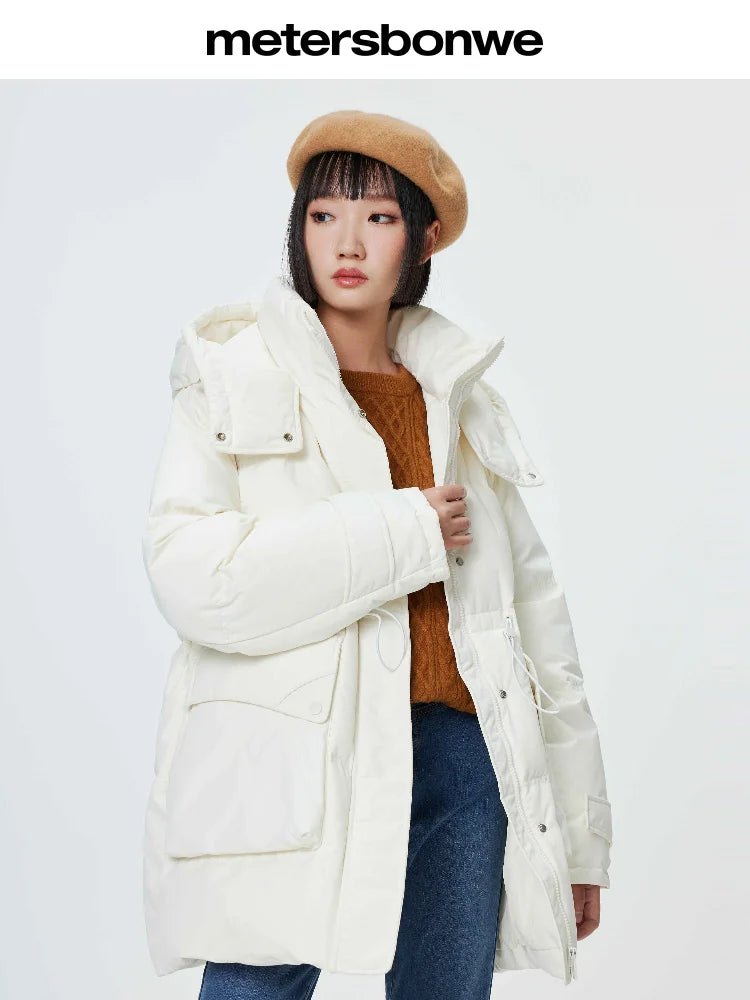 Metersbonwe Women's  Oversized Long Hooded Down Jacket Adjustable Pig Nose Buckle Waist Belt Utility Duck Down Parka Warm Winter
