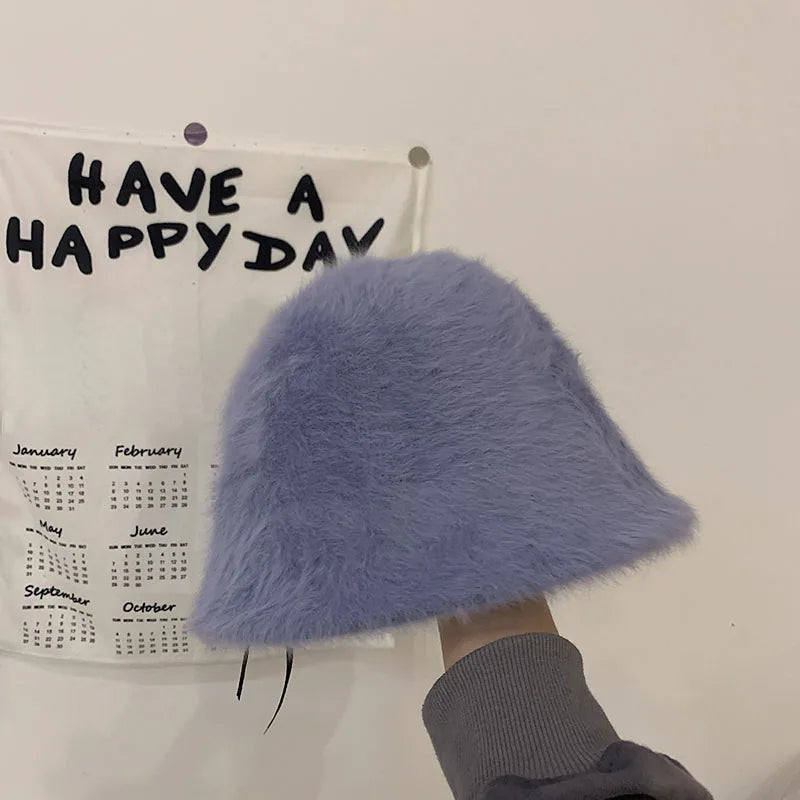 Winter Rabbit Fur Bucket Hat Women Korean Solid Color Warm Fisherman Cap Autumn Thicken Plush Female Windproof Hats