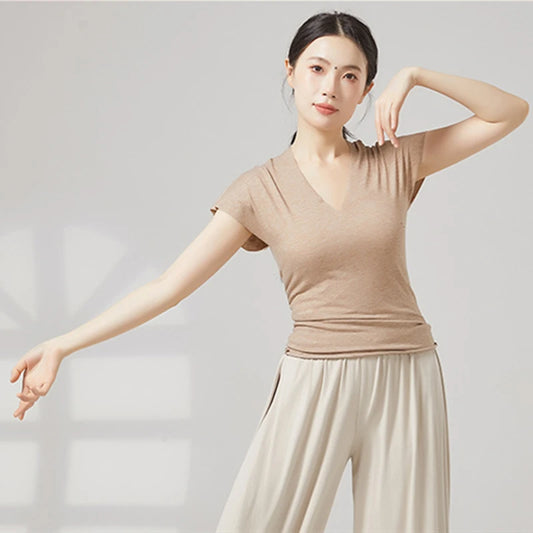 Modern Dance Clothes Women  V-Neck Seamless Short Sleeve T-Shirt Elegant Stage Costume Basic Training Tops Casual Summer Blouse