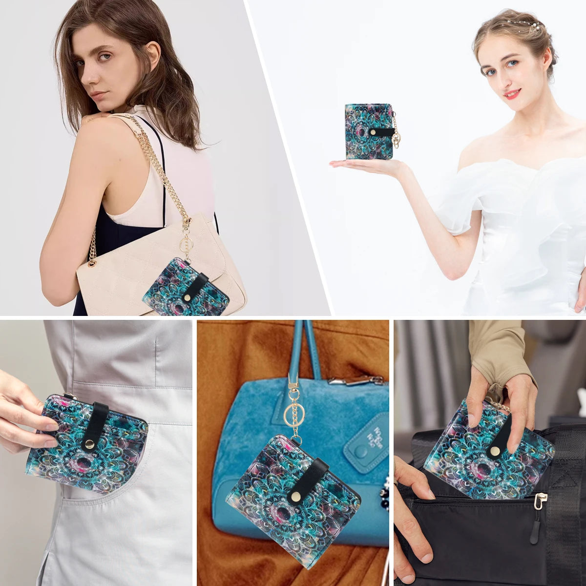 Mandala Flower Pattern Rfid Women's Wallet, Ultra-Thin and Compact Credit Card Wallet with Key Chain, Pu Leather Folding Zipper Coin Bag Id Card Transparent Window, Suitable for Women/Girls/Girls