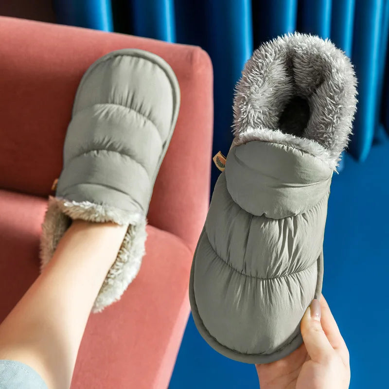 WDZKN Fashion Women Home Cotton Shoes Winter Warm Plush Slip On Slippers Waterproof Down Soft Bottom Indoor Couple Outside Shoes