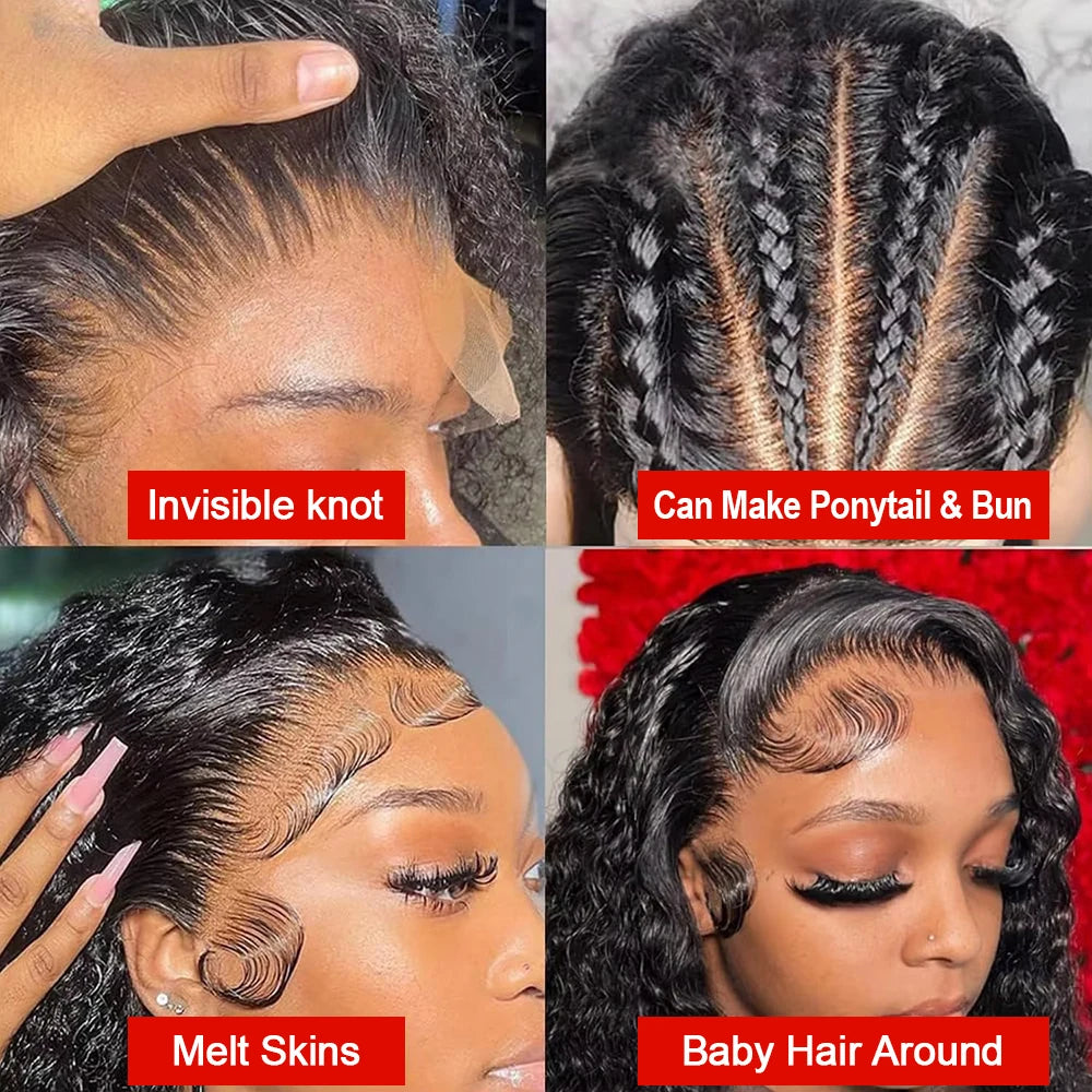 Deep Wave Frontal Wigs Human Hair For Women 200% Density Curly Human Hair Wigs 360 HD Full Lace Front Water Wave Wigs 30 34 Inch