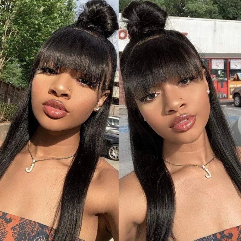 Straight Human Hair Wigs With Bangs 5x5 Hd Lace Closure Wig Fringe 13x4 Lace Frontal Glueless Wig Human Hair Ready To Wear Cheap