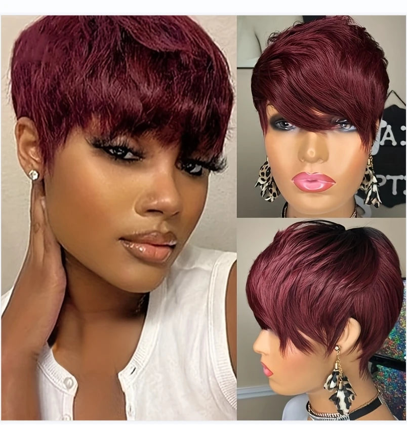 99J Colored Short Straight Bob Pixie Human Hair Wig Full Machine Made For Women Brazilian Remy Hair Burgundy Red Bob Wigs
