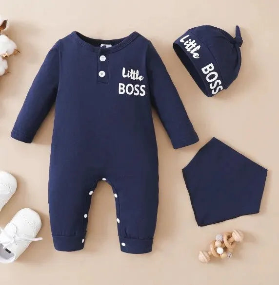 0-12 Months Newborn Baby Boy Bodysuit Toddler Baby Romper Long Sleeves Letter Print Jumpsuit+Hat Fashion Cute Style Daily Wear