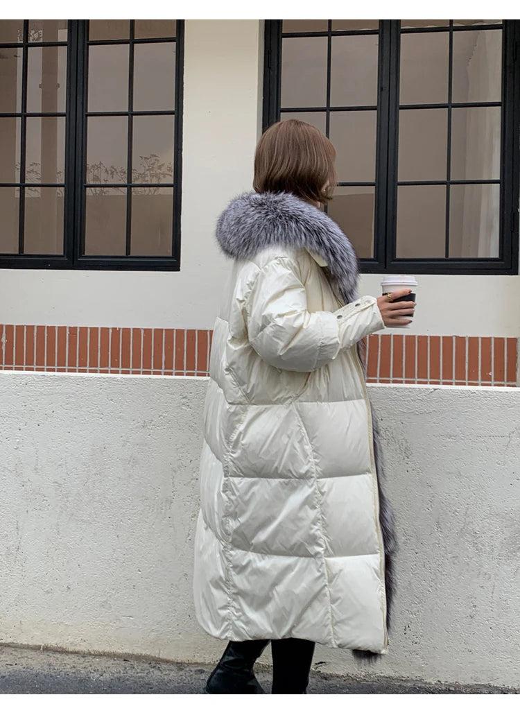 2025 New Winter Women Warm Coat 90% Goose Down Jacket Long Real Fox Fur Collar Thick Luxury Outerwear Female Coat Streetwear