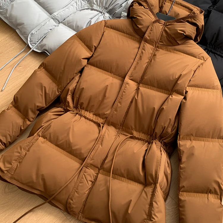 2023 New Autumn Winter Women Fashion Hooded 90% White Duck Down Coat Lady Slim Thick Warm Zipper Drawstring Lace-up Snow Jacket