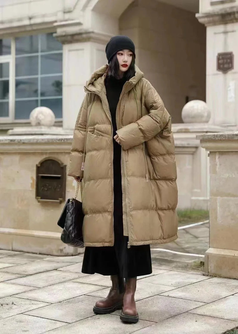 Schinteon Women White Duck Down Jacket with Hood Autumn Winter Warm Long Outwear Over Size Loose Coat 2025 New