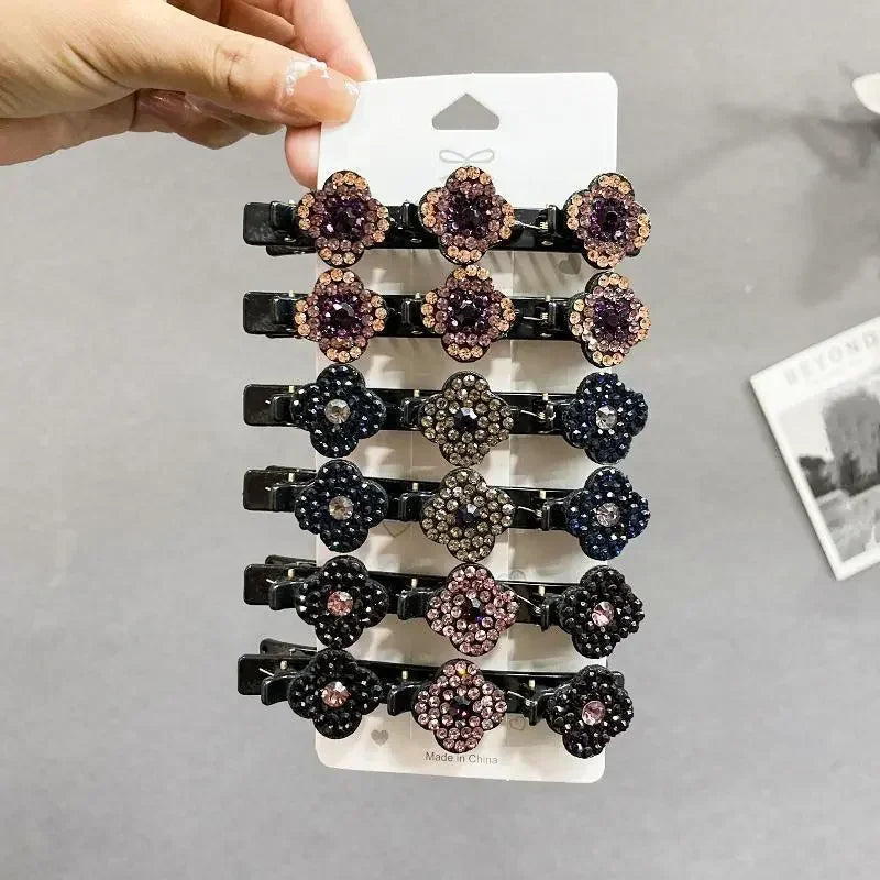 1PC Fashion Four-leaf Clover Braided Hair Finishing Side Clip Sparkling Crystal Stone Braided Hair Clips Forehead Bangs Clip