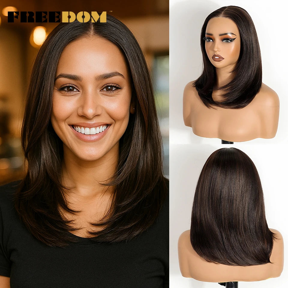 FREEDOM Synthetic Lace Front Wigs For Women Short Bob Layered Straight Wig 6x4 Wear And Go Glueless Wigs Ombre Brown Lace Wig