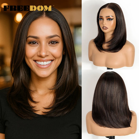 FREEDOM Synthetic Lace Front Wigs For Women Short Bob Layered Straight Wig 6x4 Wear And Go Glueless Wigs Ombre Brown Lace Wig