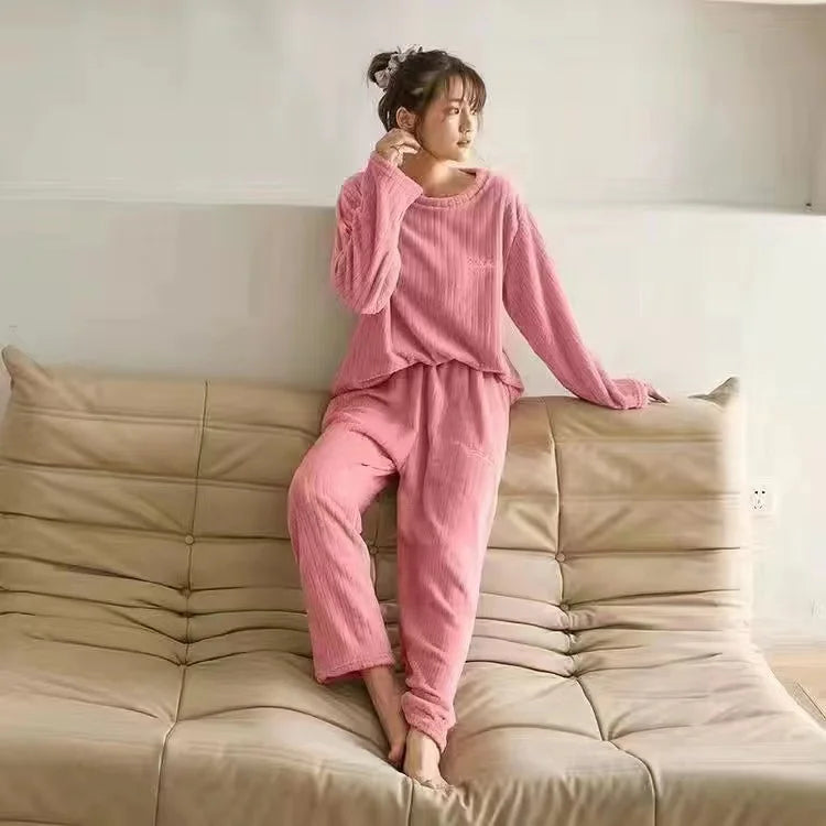 2022 Autumn Winter Warm Flannel Women Pyjamas Sets Thick Coral Velvet Long Sleeve Cartoon Sleepwear Thin Flannel Pajamas Set