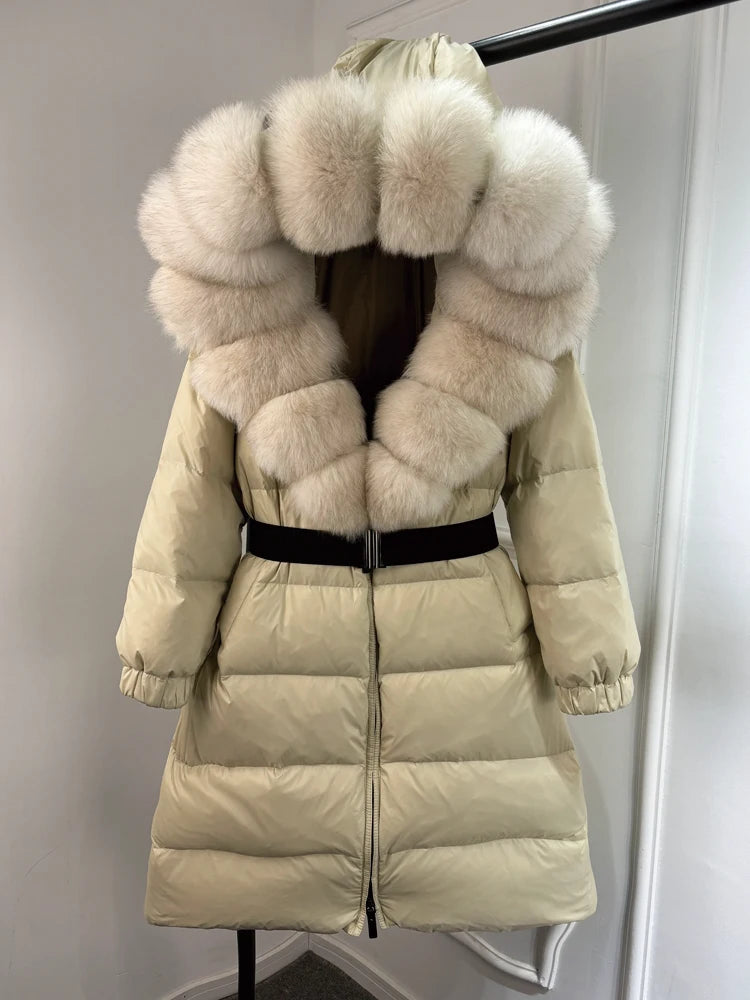Lagabogy 2025 Winter Puffer Jacket Women Real Fox Fur Hooded Collar Thick Warm Long White Duck Down Coat Loose Luxury Outerwear