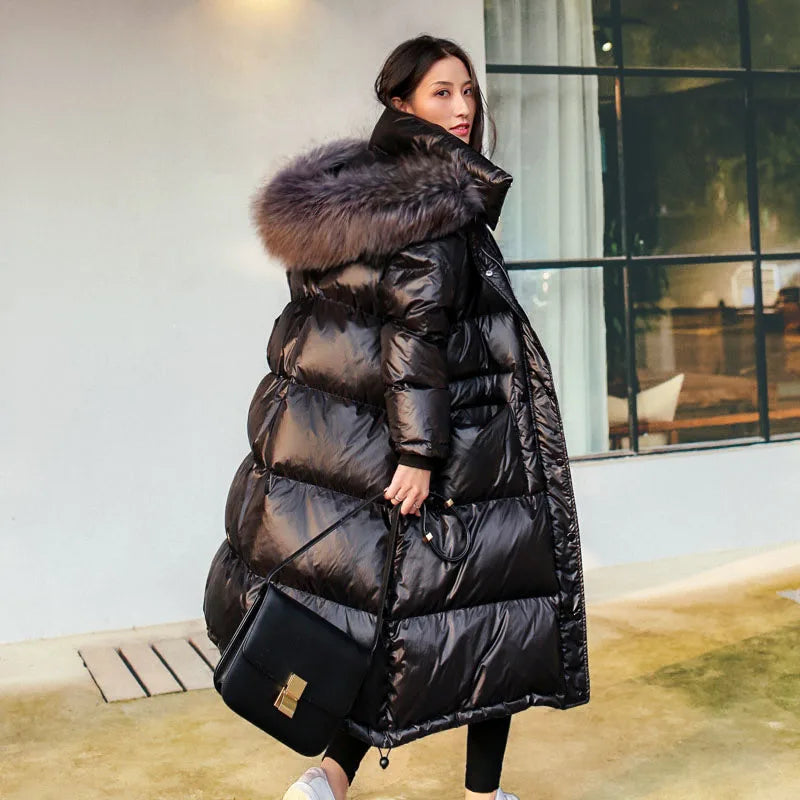 Maomaokong 2022 Women Winter Black Loose Long Down Jacket  Real Fox Fur Collar Hooded Fashion Waterproof Female Extra Large Coat
