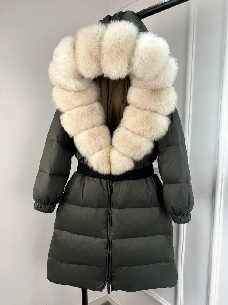 Lagabogy 2025 Winter Puffer Jacket Women Real Fox Fur Hooded Collar Thick Warm Long White Duck Down Coat Loose Luxury Outerwear