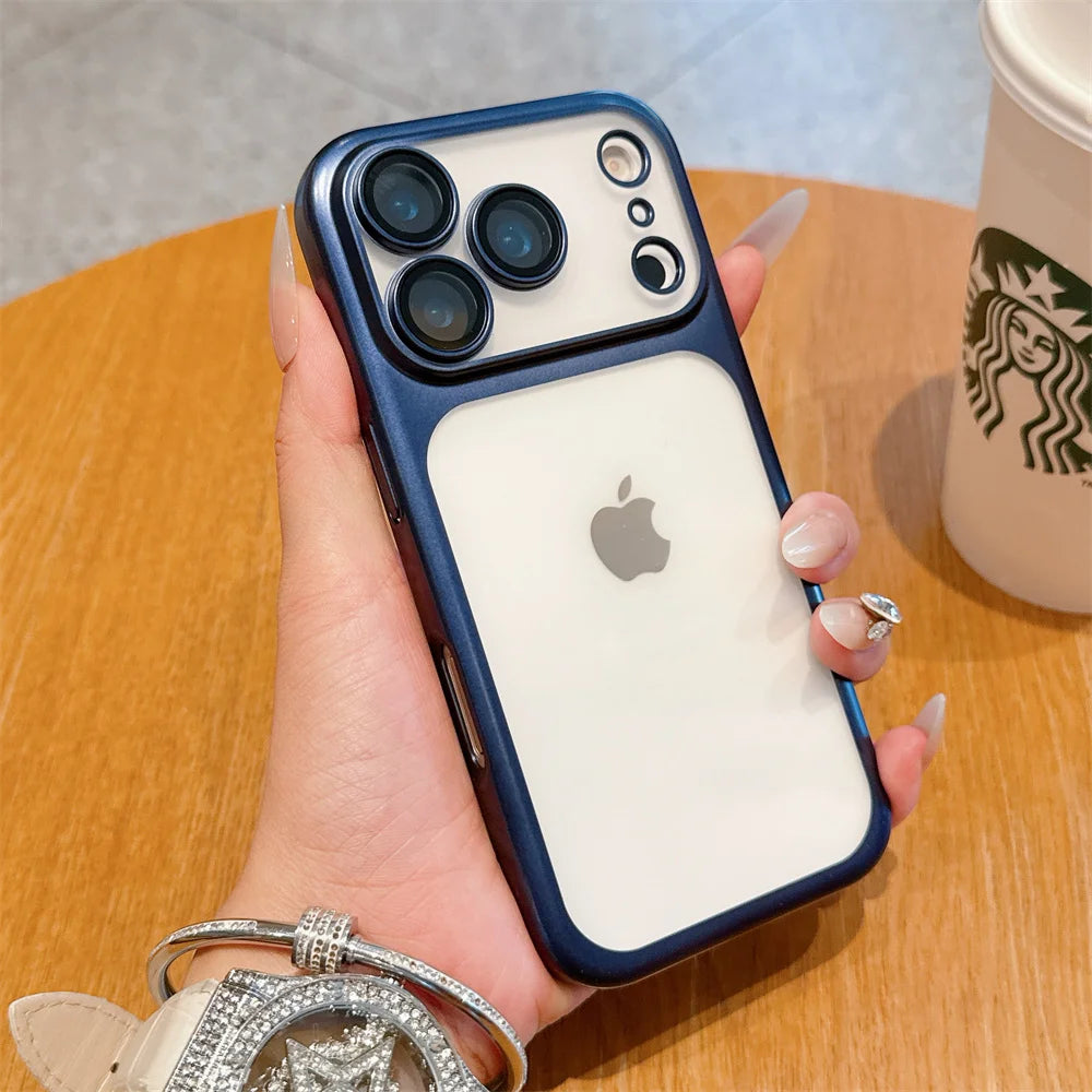 Luxury Frosted Transparent Matte Phone Case For iPhone 16 15 17 Pro Max Air Full Lens Protector Metallic Color Frame Armor Cover