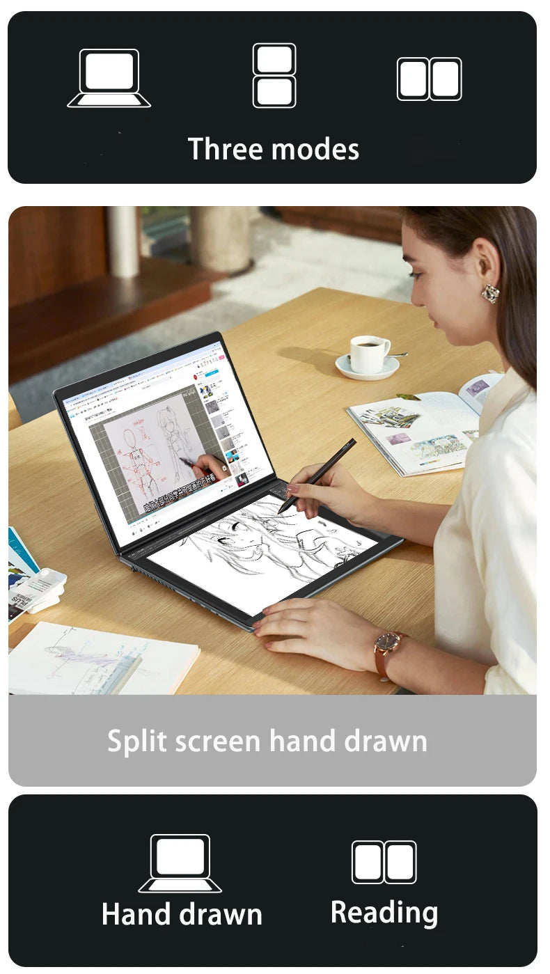 2025 New Mini Dual Screen Laptop 13.5+13.5-inch N100 Dual Touch Screen 180 ° Flipped Office Leisure Entertainment 2-in-1 Notbook