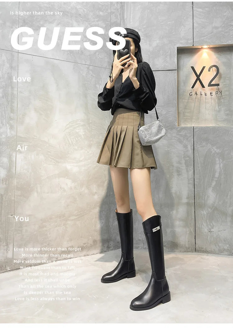 Genuine Leather Thick-Soled Autumn Winter New Style Chunky Heel Rhinestone Buckle High Tube Riding Over-The-Knee Long Boots