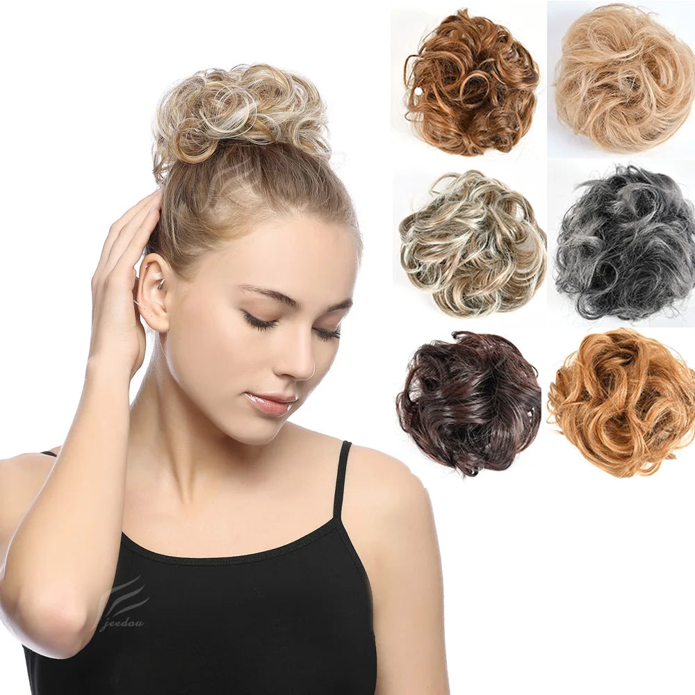 Jeedou Synthetic Messy Curly Hair Bun Chignon Donut Pad Elastic Hair Rope Rubber Band Hairpiece For Woman