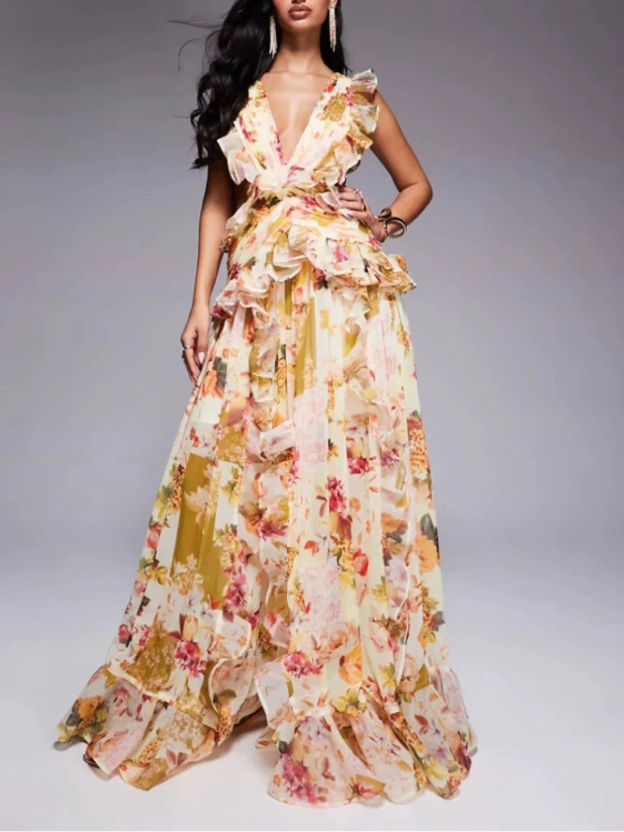 VGH Runway Style Maxi Dresses for Women V Neck Sleeveless High Waist Patchwork Ruffles Edge French Sexy Printed Dress Female New