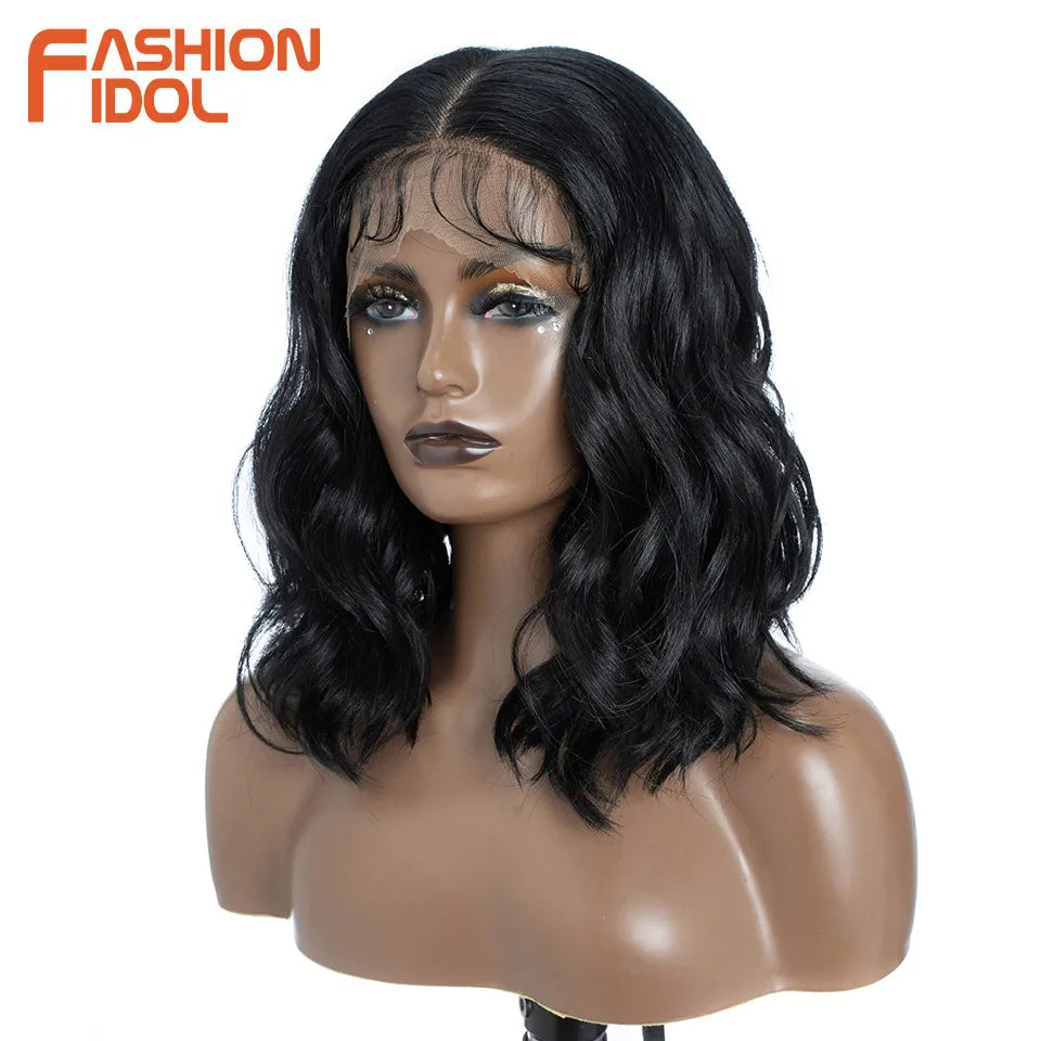 FASHION IDOL 12 Inch Bob 13x7 HD Lace Front Synthetic Wigs For Black Women Ombre Blue Heat Resistant Short Body Wave Cosplay Wig
