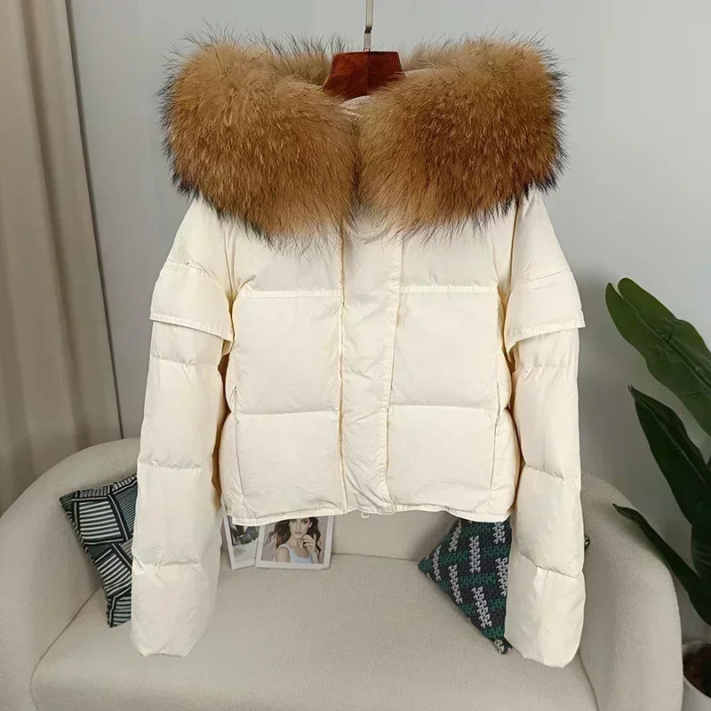 Outerwear Autumn Winter Women Hooded Fashionable Streetwear Detachable Sleeve Real Raccoon Fur Collar Jacket Duck Down Loose