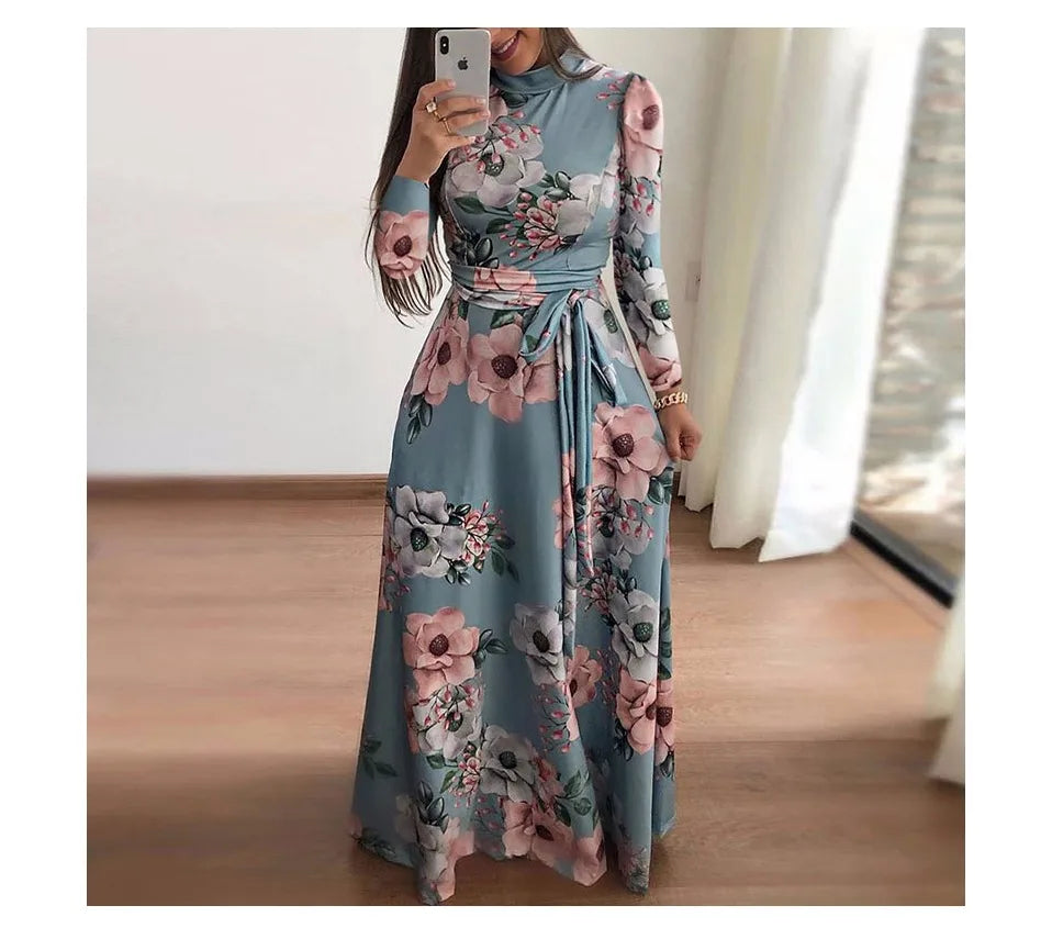 Women Summer Maxi Dress 2025 Casual Long Sleeve Boho Floral Print LOOSE Dress Turtleneck Bandage Elegant Party Dresses Vestidos