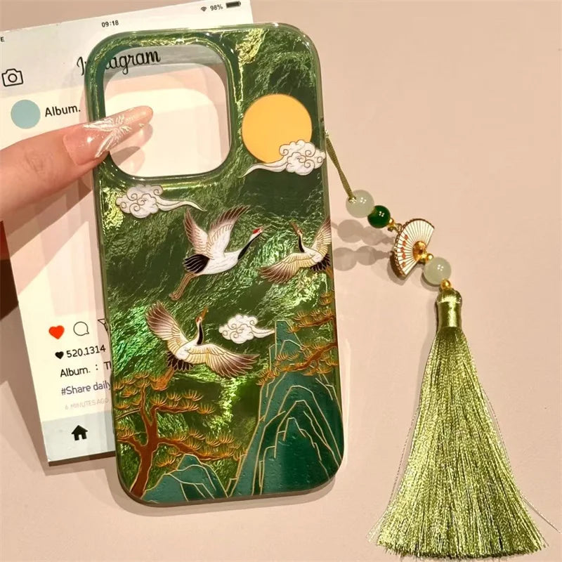 Vortex pattern high mountain auspicious cloud crane phone case with ancient fan tassel for iPhone 11 12 13 14 15 16 17 pro max