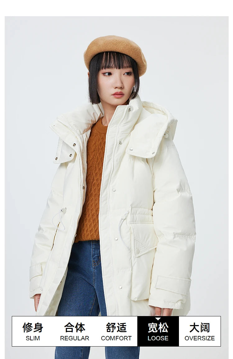 Metersbonwe Women's  Oversized Long Hooded Down Jacket Adjustable Pig Nose Buckle Waist Belt Utility Duck Down Parka Warm Winter