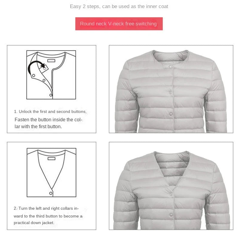 Light Down Coat Women Liner Duck Down Jacket O-neck Variable V-neck New Female Winter Collarless Ultralight Quilted Puffer Coat
