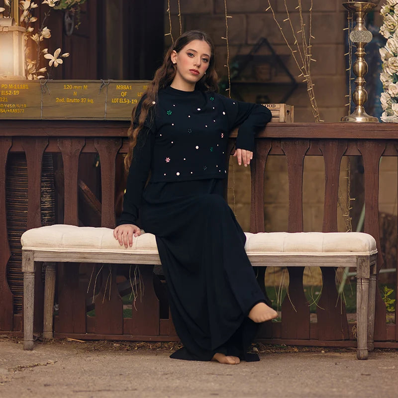 Maxi dress women long sleeve lady dresses flowers and pearls top causual dress round neck black modal ribbed top sizes XS-XXXL