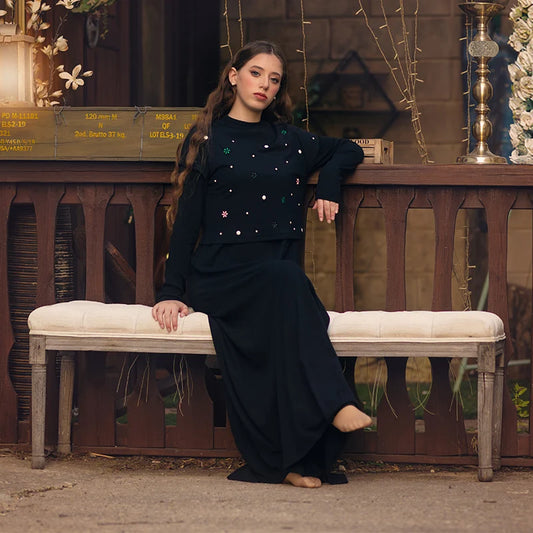 Maxi dress women long sleeve lady dresses flowers and pearls top causual dress round neck black modal ribbed top sizes XS-XXXL