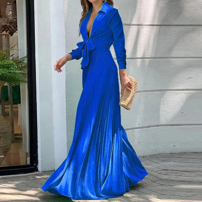 Elegant Maxi Dresses For Women V Neck Lace Up Flower Print Casual Long Sleeve High Waist Long Dress Boho