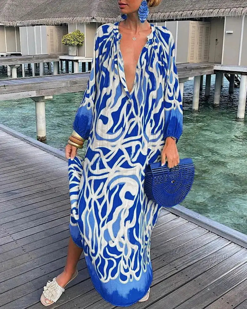 Women Maxi Dresses Summer Long Sleeve V-Neck Dress Fashion Printed Female Vacation Beach Long Dress Lady Elegant Loose  Robes
