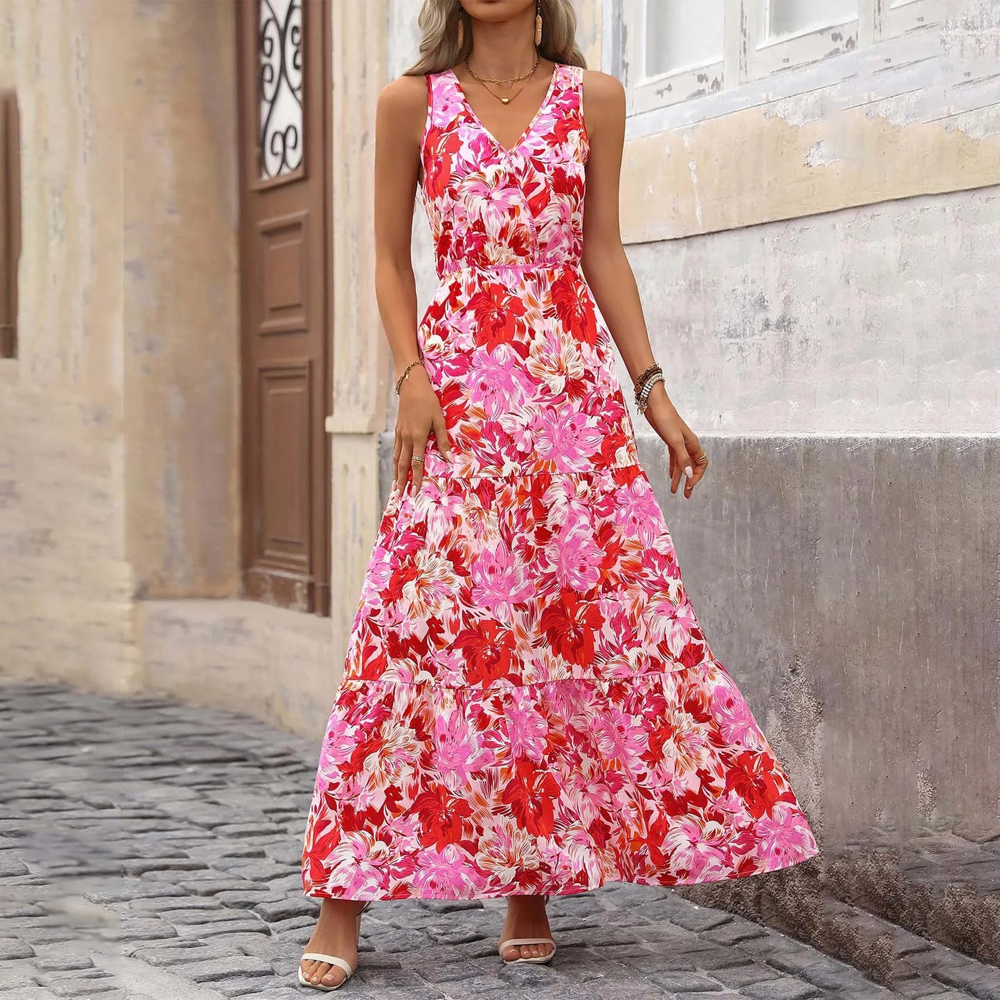 Maxi Dresses For Women Summer Tiered Ruffle Print Boho Beach Ladies Vestidos Evening Party Elegant Dress Vintage Long Dress