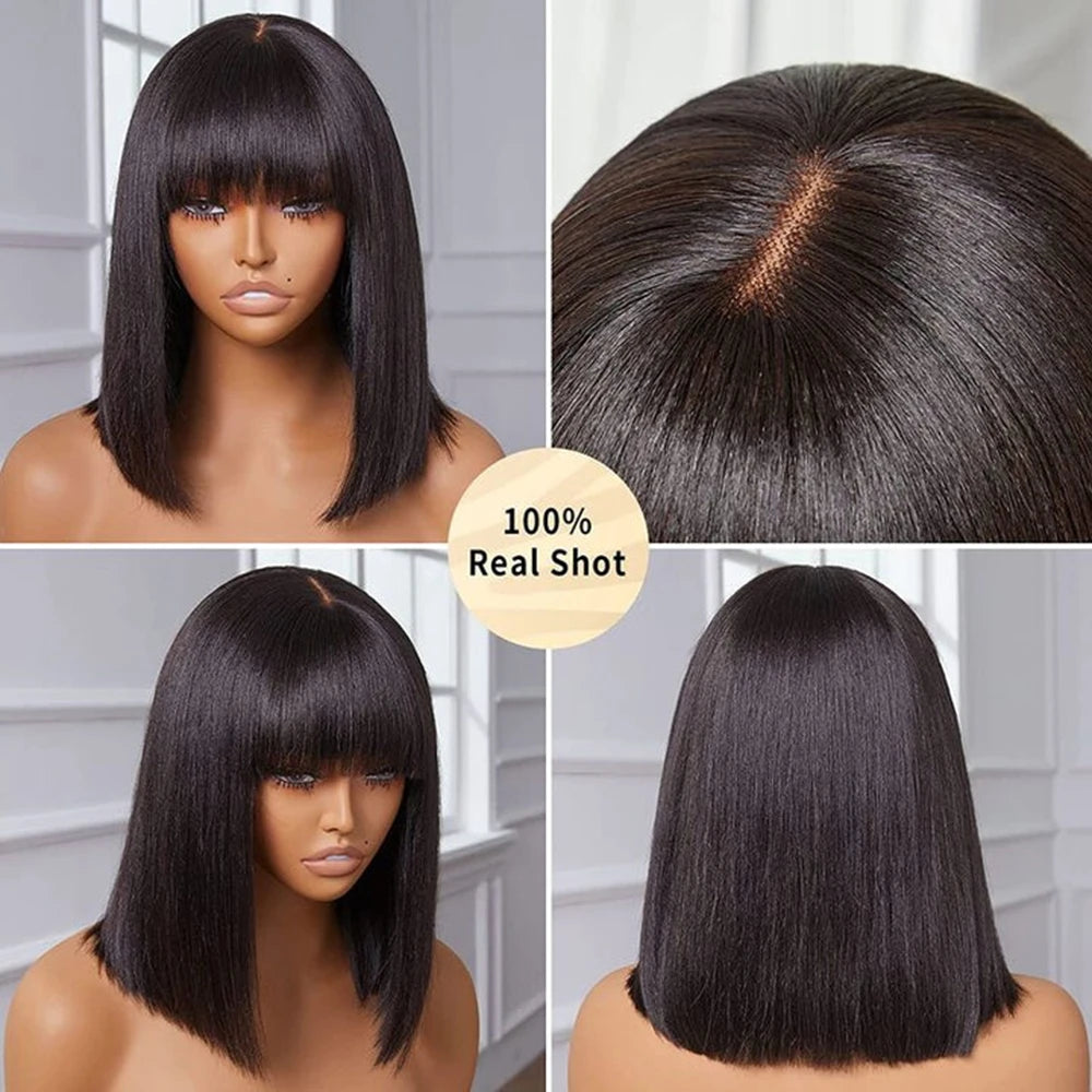 Ready to Go Yaki Straight Short Bob Wig With Bangs 2x1 Lace Glueless Virgin Remy Human Hair Undetectable Lace Blunt Cut Bob Wig