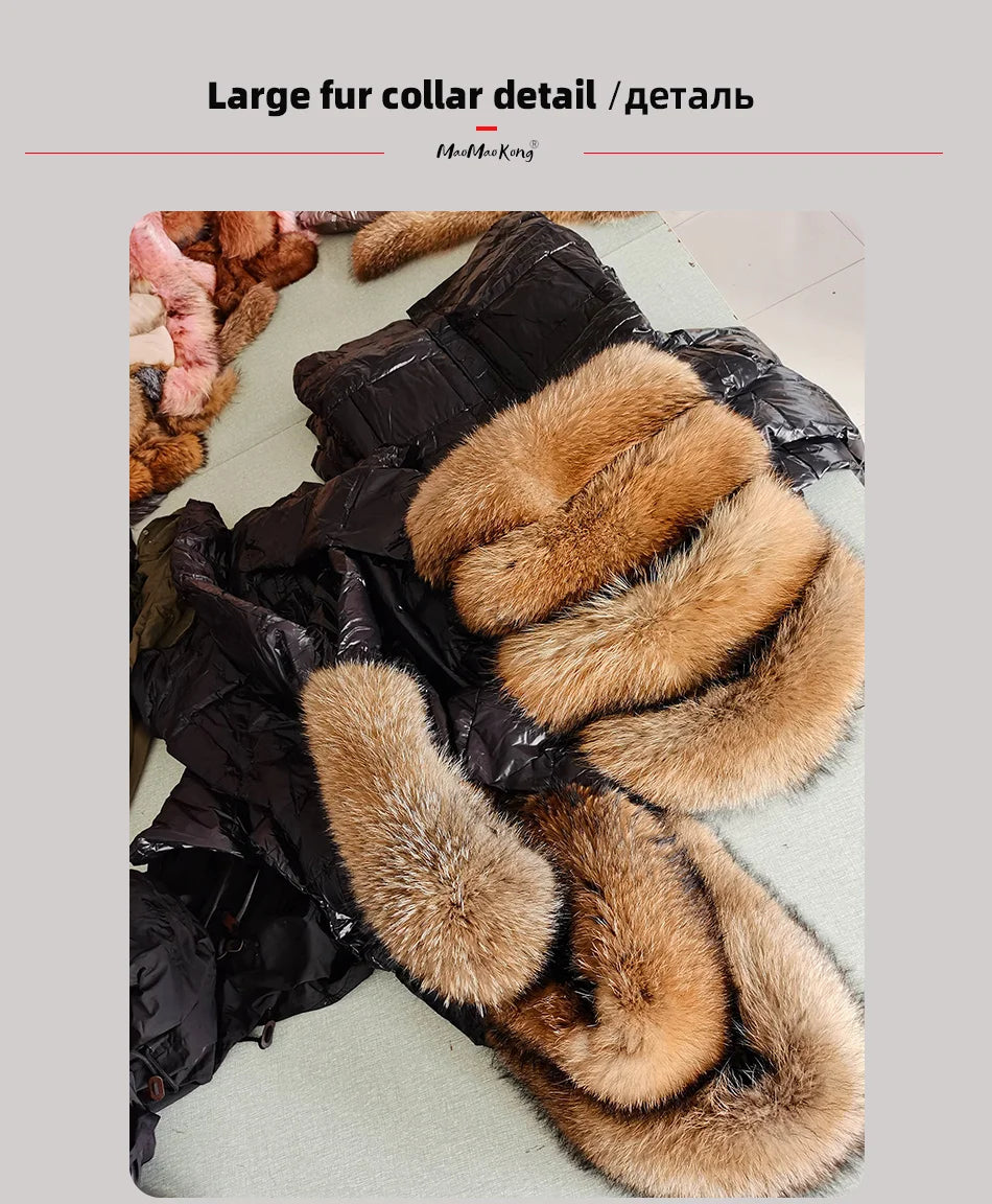 Maomaokong 2022 Women Winter Black Loose Long Down Jacket  Real Fox Fur Collar Hooded Fashion Waterproof Female Extra Large Coat