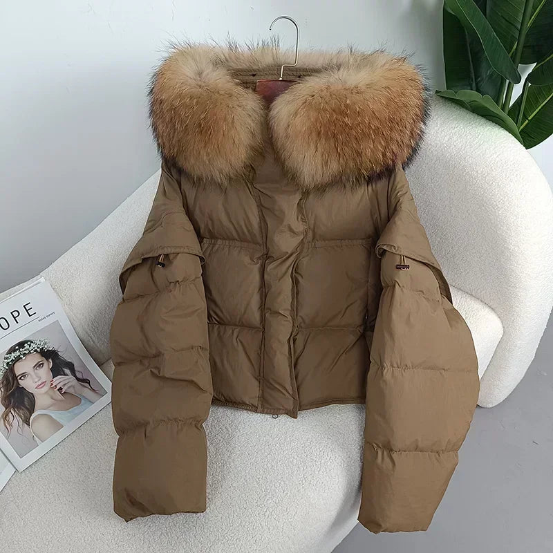Outerwear Autumn Winter Women Hooded Fashionable Streetwear Detachable Sleeve Real Raccoon Fur Collar Jacket Duck Down Loose