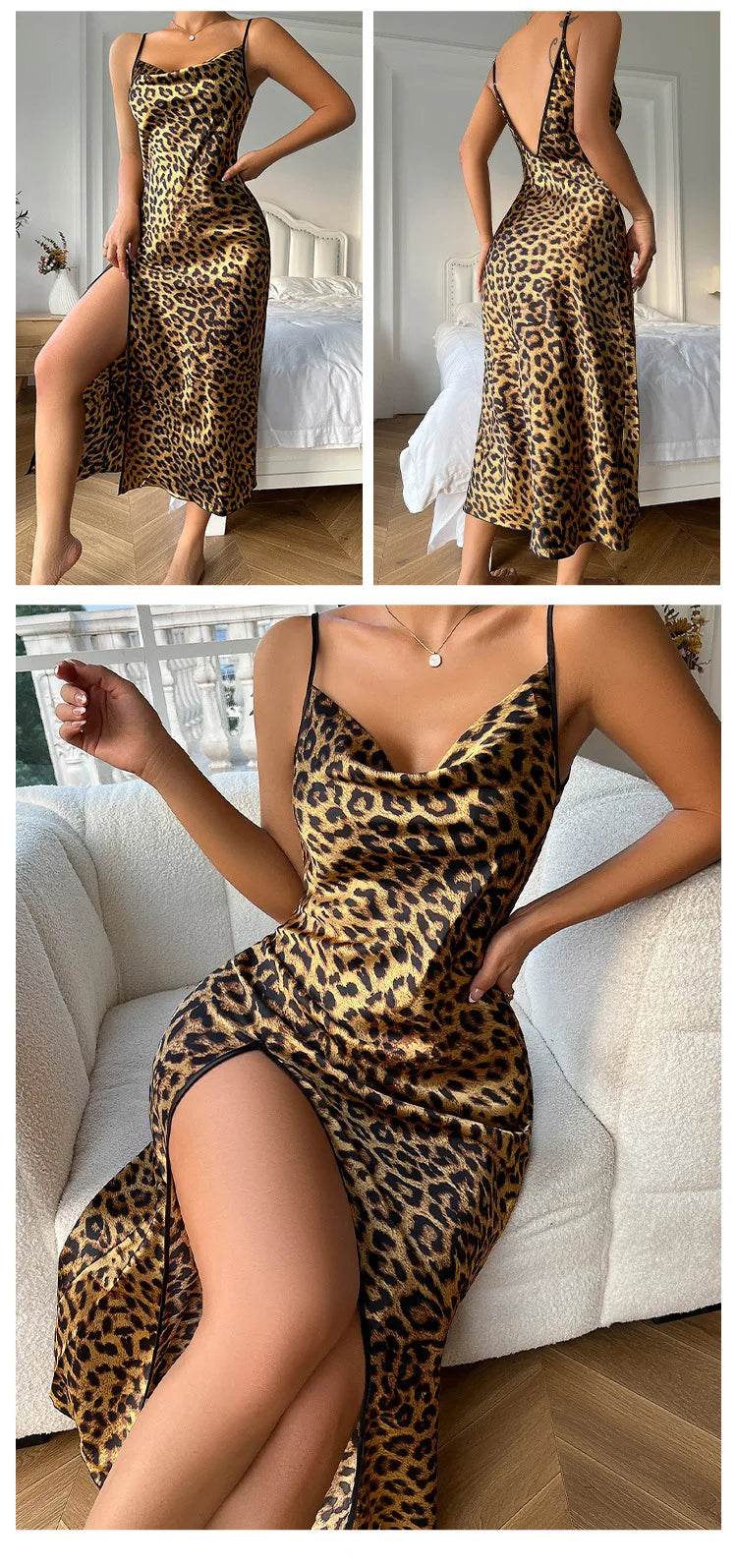 Fashion Backless Slit Ice Silk Camisole Skirt Nightgown Women's Summer Thin Breathable Imitation Silk Sexy Leopard Print Pajamas