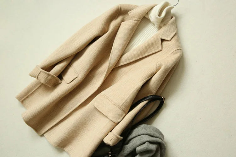 Handmade Sewn Double-sided Woolen Blazer Women Spring Autumn Plaid Wool Overcoat Office Lady Casual Suit Coat Thick Jacket