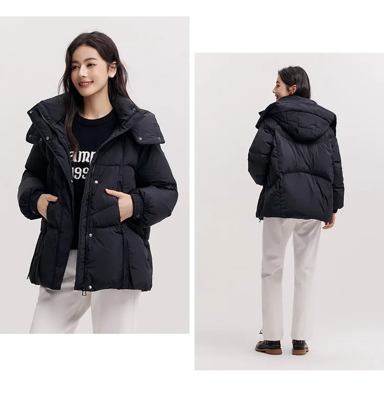 Semir Mid-Length Down Jacket Women Loose Fit Hooded Textured Coat 2025 New Winter Casual Warm Style